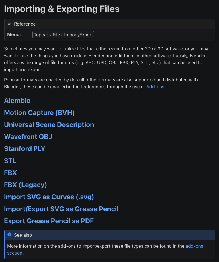 Screenshot aus dem Blender-5.2-Handbuch: Liste der mitgelieferten Import- und Exportformate, darunter Alembic, BVH, USD, OBJ, PLY, STL, FBX und SVG