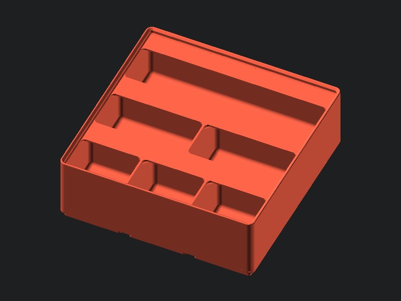 Gridfinity-Behälter mit Fächern, erzeugt in OpenSCAD